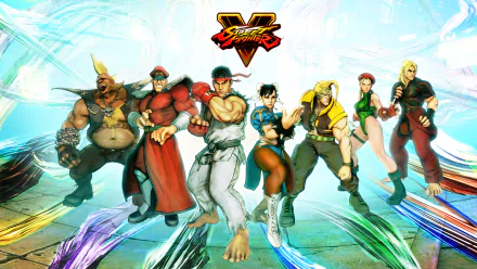 HD PC desktop wallpaper featuring Street Fighter V characters M. Bison, Chun-Li, Ryu, Cammy, and others in dynamic poses from the video game.