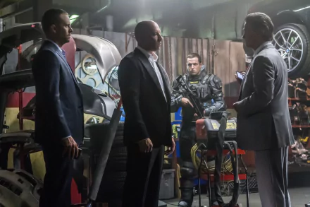 The image features scenes from Furious 7, showcasing key characters: Brian O'Conner (Paul Walker), Dominic Toretto (Vin Diesel), and Mr. Nobody (Kurt Russell) in a tense confrontation.