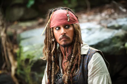 Portrait of Jack Sparrow, played by Johnny Depp, from Pirates of the Caribbean: On Stranger Tides, showcasing his signature look and adventurous spirit in a lush outdoor setting.