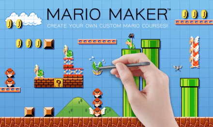 HD desktop wallpaper of Super Mario Maker featuring gameplay elements and a hand customizing Mario levels.