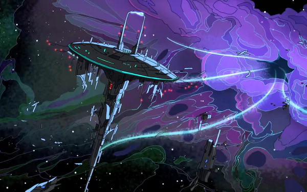 HD PC desktop wallpaper featuring a cosmic space station with vibrant laser beams from the TV show Rick and Morty against a swirling purple and black galaxy background.