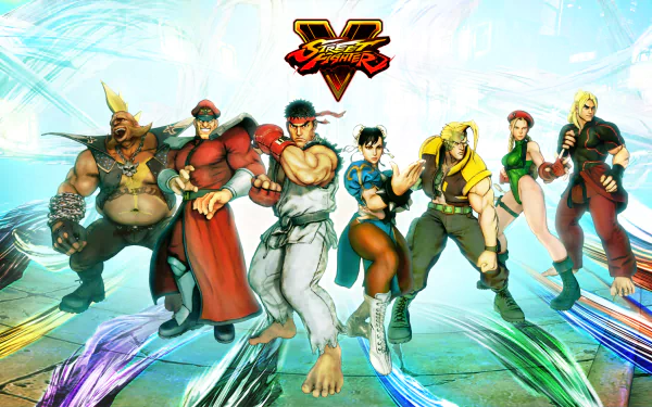 HD PC desktop wallpaper featuring Street Fighter V characters M. Bison, Chun-Li, Ryu, Cammy, and others in dynamic poses from the video game.