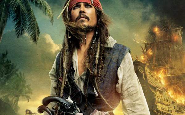 HD desktop wallpaper featuring Johnny Depp as Jack Sparrow, a pirate from Pirates of the Caribbean: On Stranger Tides. He stands with a determined look, a burning ship and palm trees in the background.