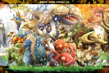 HD PC desktop wallpaper of Monster Hunter Portable 3rd: vibrant lineup of chibi monsters and hunters in a colorful autumn forest, a lively fantasy battle-ready scene.