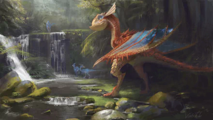 A vibrant HD wallpaper featuring Yian Kut-Ku and Velociprey from Monster Hunter, set in a lush, serene landscape with a waterfall and rocky riverbank.