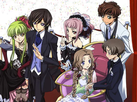 HD anime Code Geass desktop wallpaper: group portrait of Lelouch, Suzaku, C.C., Rolo, Nunnally and Anya in elegant formal attire.