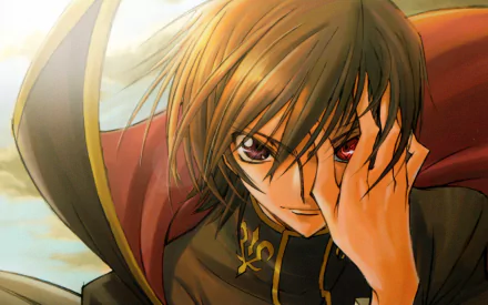 A striking HD desktop wallpaper featuring Lelouch Lamperouge from the anime Code Geass, showcasing his intense gaze and dramatic pose against a dynamic background.