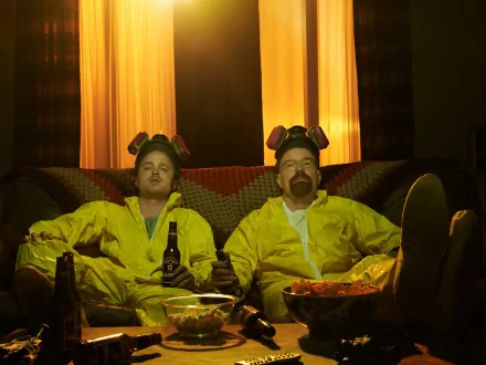 Jesse Pinkman and Walter White from Breaking Bad, played by Aaron Paul and Bryan Cranston, sit in yellow hazmat suits on a couch with snacks in a dimly lit room.