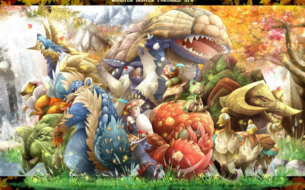 HD PC desktop wallpaper of Monster Hunter Portable 3rd: vibrant lineup of chibi monsters and hunters in a colorful autumn forest, a lively fantasy battle-ready scene.