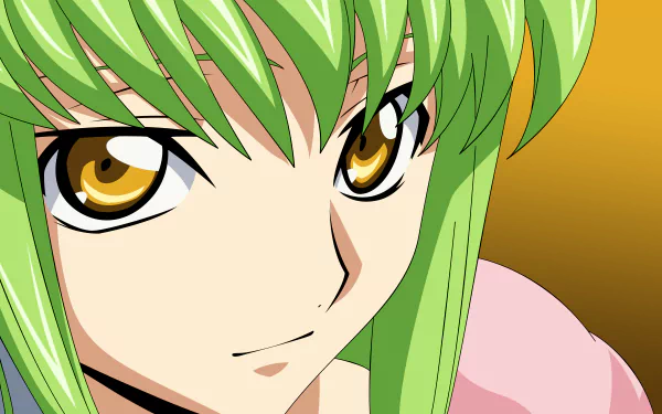 Close-up of C.C. from Code Geass: green hair, golden eyes and a subtle smile against a warm gradient — 4K Ultra HD anime PC desktop wallpaper background.