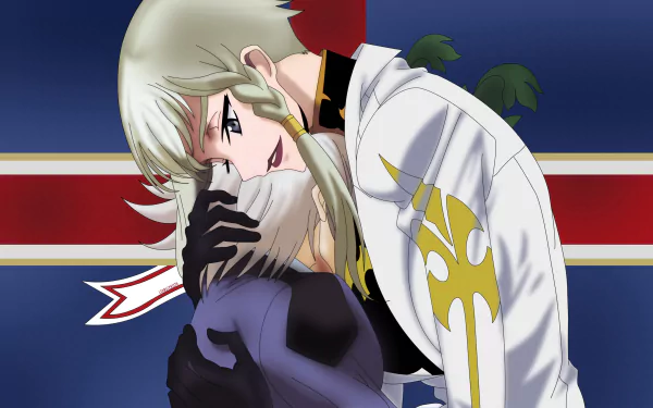 4K Ultra HD anime wallpaper: V.V. (Code Geass) embraces Jiang Lihua against a blue-and-red backdrop, soft expression and close embrace — Code Geass fan art desktop background.