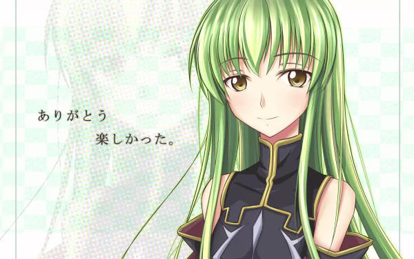 Anime-style 4K Ultra HD desktop wallpaper featuring C.C. from Code Geass with green hair and a calm expression against a light patterned background.