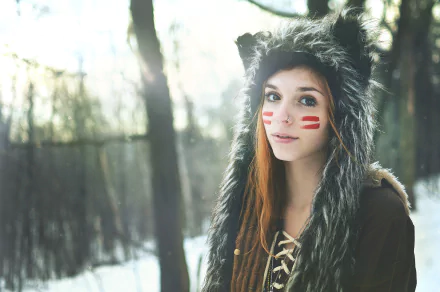A woman in cosplay wears a furry hood and red face paint, standing in a snowy forest. This HD image serves as an engaging desktop wallpaper and background.