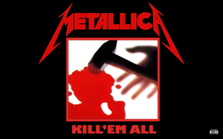 Album cover for Metallica's Kill 'Em All, featuring a striking design with a hammer and blood, embodying the intensity of thrash metal music. HD desktop wallpaper.