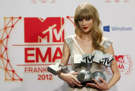 Taylor Swift holding multiple MTV EMA awards at the 2012 event in Frankfurt, captured in HD for a PC desktop wallpaper background.