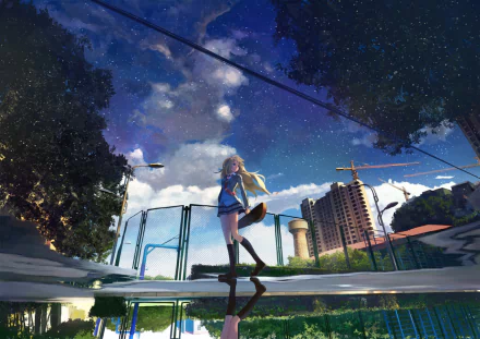 HD anime wallpaper of Kaori Miyazono from Your Lie in April, standing in a skirt against a starry sky and urban backdrop.