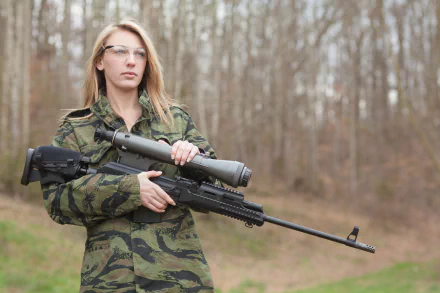 A confident woman in military attire stands with a rifle and grenade launcher, set against a natural background, capturing the theme of Girls & Guns in a striking HD wallpaper.
