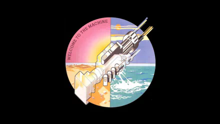 HD Pink Floyd desktop wallpaper featuring the iconic Welcome to the Machine artwork divided into desert and ocean scenes with a robotic hand in the center.