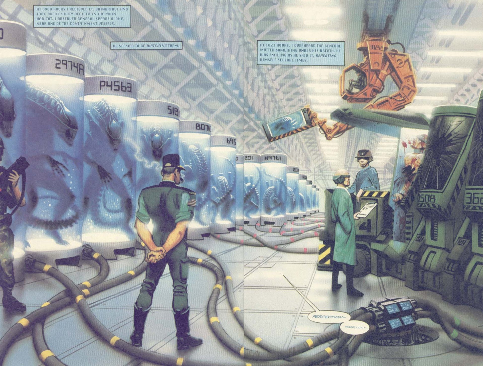 Comic alien HD PC desktop wallpaper/background: a futuristic lab with rows of alien containment pods, technicians, machines, glowing cables and suspended robotic arms.