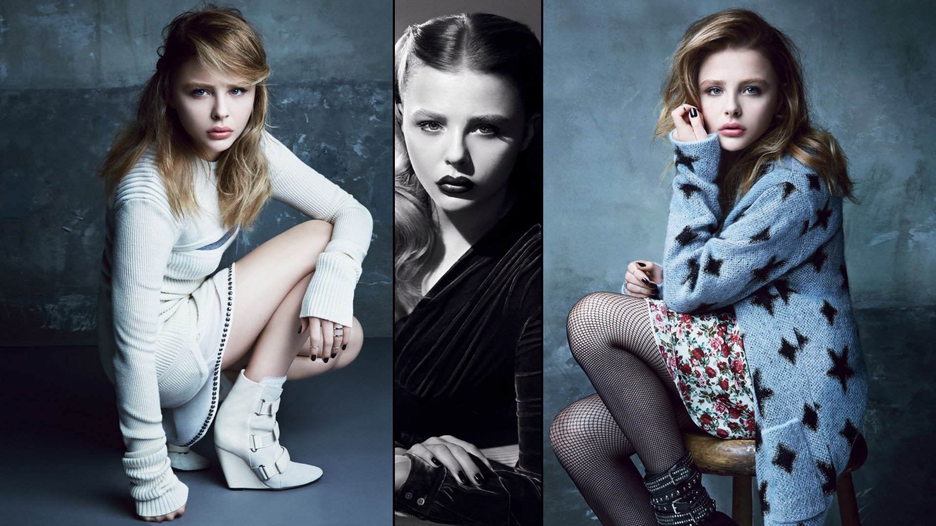 A stylish HD desktop wallpaper featuring Chloë Grace Moretz in a modern, artistic shoot, showcasing her versatile looks with a mix of color and monochrome shots.