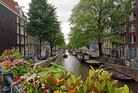 A serene canal view in Amsterdam, featuring lush greenery, colorful flowers, and charming houseboats, perfect for a 4K Ultra HD desktop wallpaper.