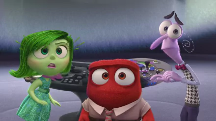 HD PC desktop wallpaper/background featuring Disgust, Anger, and Fear from the movie Inside Out, staring wide-eyed amid the film’s control-room backdrop.