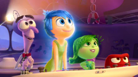HD PC desktop wallpaper featuring Joy, Disgust, Fear, and Anger from the movie Inside Out in a vibrant, colorful scene.