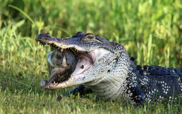 Close-up of an alligator with its mouth open lying on grass, captured in sharp 4K Ultra HD quality for a vibrant PC desktop wallpaper.