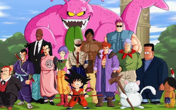 A vibrant HD anime wallpaper featuring characters from Dragon Ball, including Goku, various fighters, and the menacing pink monster. Perfect for enhancing any desktop background.