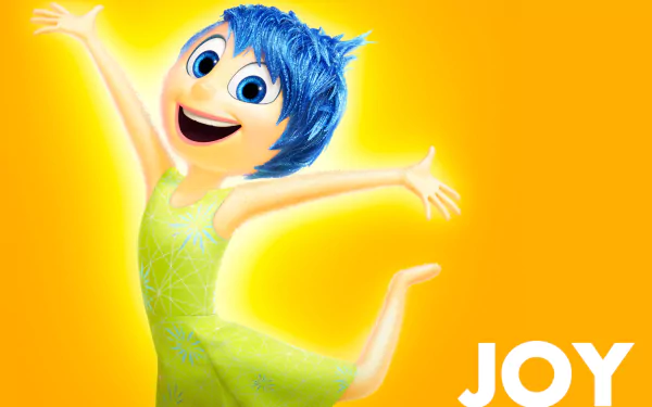 Joy from the movie Inside Out is depicted in this vibrant HD wallpaper, radiating happiness with her bright blue hair and cheerful expression against a warm yellow background.
