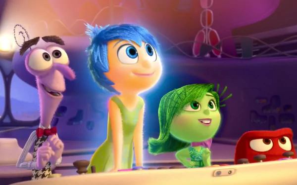 HD PC desktop wallpaper featuring Joy, Disgust, Fear, and Anger from the movie Inside Out in a vibrant, colorful scene.