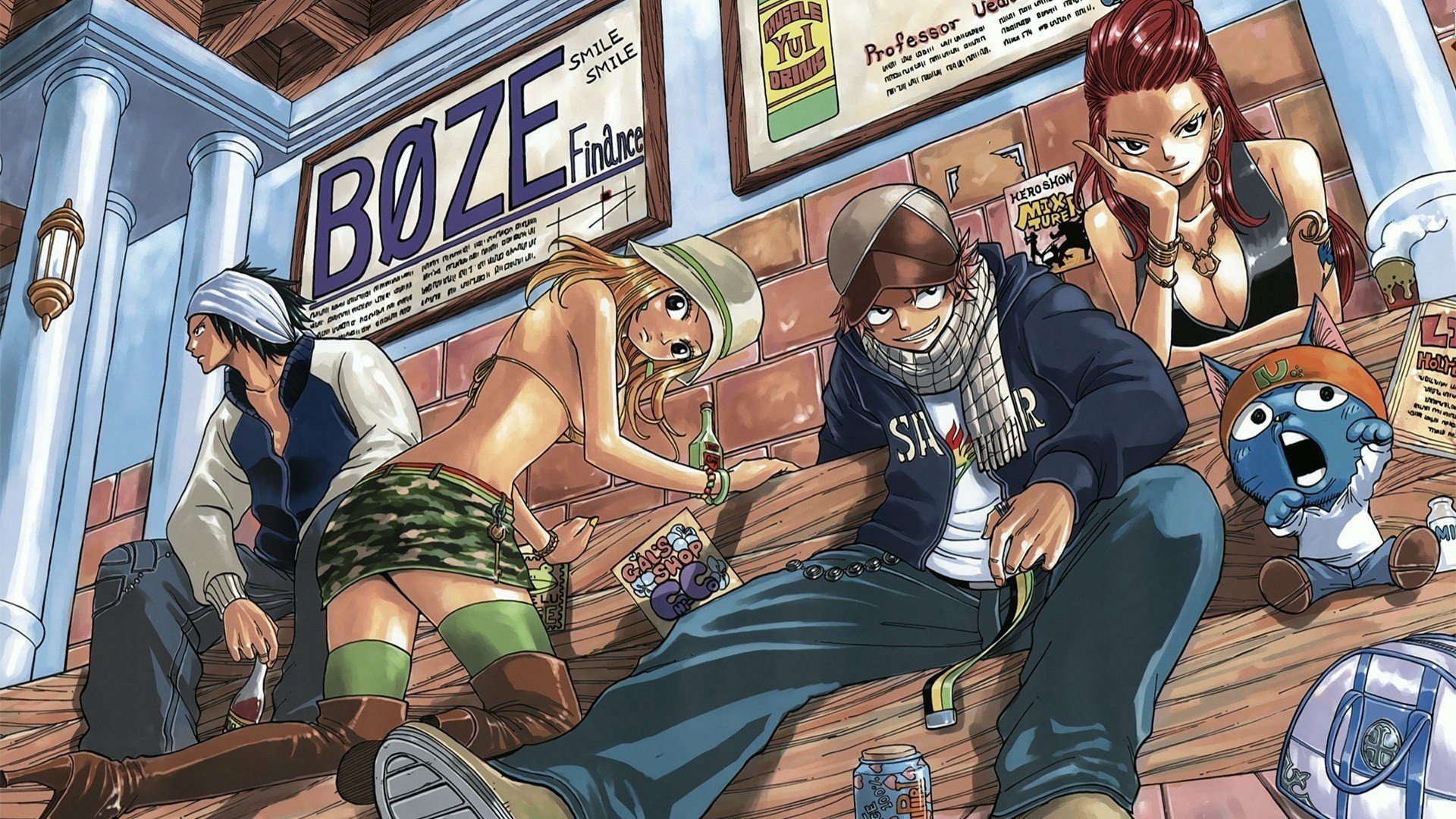 A vibrant HD wallpaper featuring characters Gray Fullbuster, Erza Scarlet, Lucy Heartfilia, Natsu Dragneel, and Happy from the anime Fairy Tail in a dynamic pose.