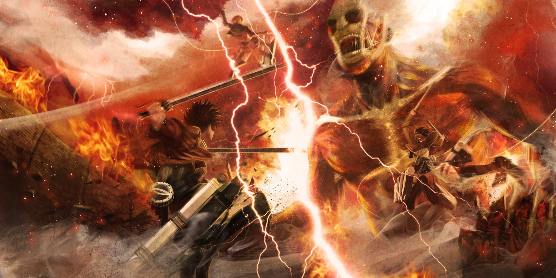HD desktop wallpaper featuring Mikasa Ackerman, Eren Yeager, Armin Arlert, and the Colossal Titan from the anime Attack on Titan in a dramatic battle scene with lightning and fire in the background.