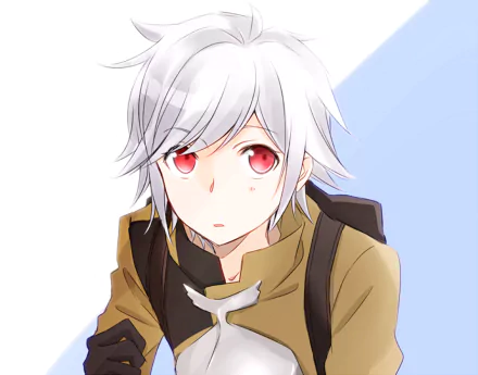 A high-definition wallpaper featuring Bell Cranel, an anime character from Is It Wrong to Try to Pick Up Girls in a Dungeon, with striking white hair and red eyes.