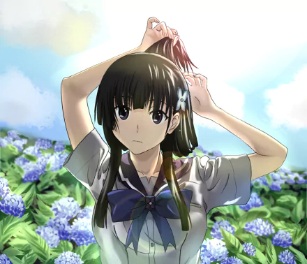 A vibrant HD wallpaper featuring Rea Sanka from the anime Sankarea, set against a blooming flower background with a bright sky.