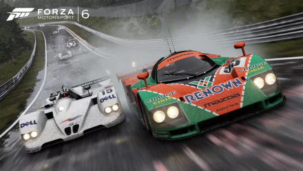Forza Motorsport 6 video game HD PC desktop wallpaper: two race cars — green‑orange Renown Mazda and white prototype — fight for the lead on a rain‑slicked circuit, spray and guardrails visible.