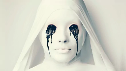 HD PC desktop wallpaper featuring a haunting figure from the TV show American Horror Story: Asylum, with a white face and black tears streaming from hollow eyes.