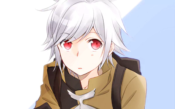 A high-definition wallpaper featuring Bell Cranel, an anime character from Is It Wrong to Try to Pick Up Girls in a Dungeon, with striking white hair and red eyes.