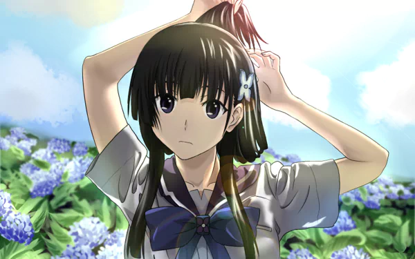 A vibrant HD wallpaper featuring Rea Sanka from the anime Sankarea, set against a blooming flower background with a bright sky.