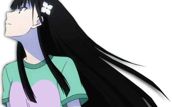 HD desktop wallpaper featuring Rea Sanka from the anime Sankarea, showcasing her with long hair and a flower in her hair, looking thoughtfully upward.