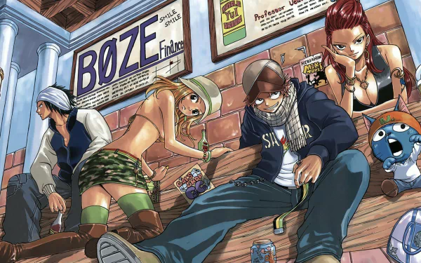 A vibrant HD wallpaper featuring characters Gray Fullbuster, Erza Scarlet, Lucy Heartfilia, Natsu Dragneel, and Happy from the anime Fairy Tail in a dynamic pose.