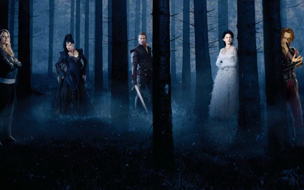 HD desktop wallpaper featuring characters from the TV show Once Upon A Time standing in a misty, dark forest setting.