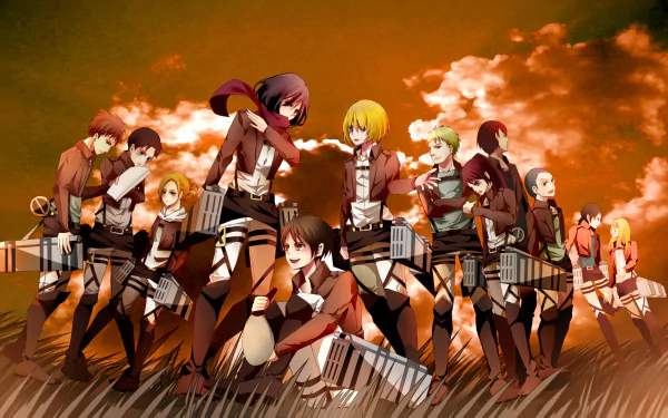 HD desktop wallpaper featuring key Attack on Titan characters including Eren Yeager, Mikasa Ackerman, Annie Leonhart, and others against a dramatic orange sky.
