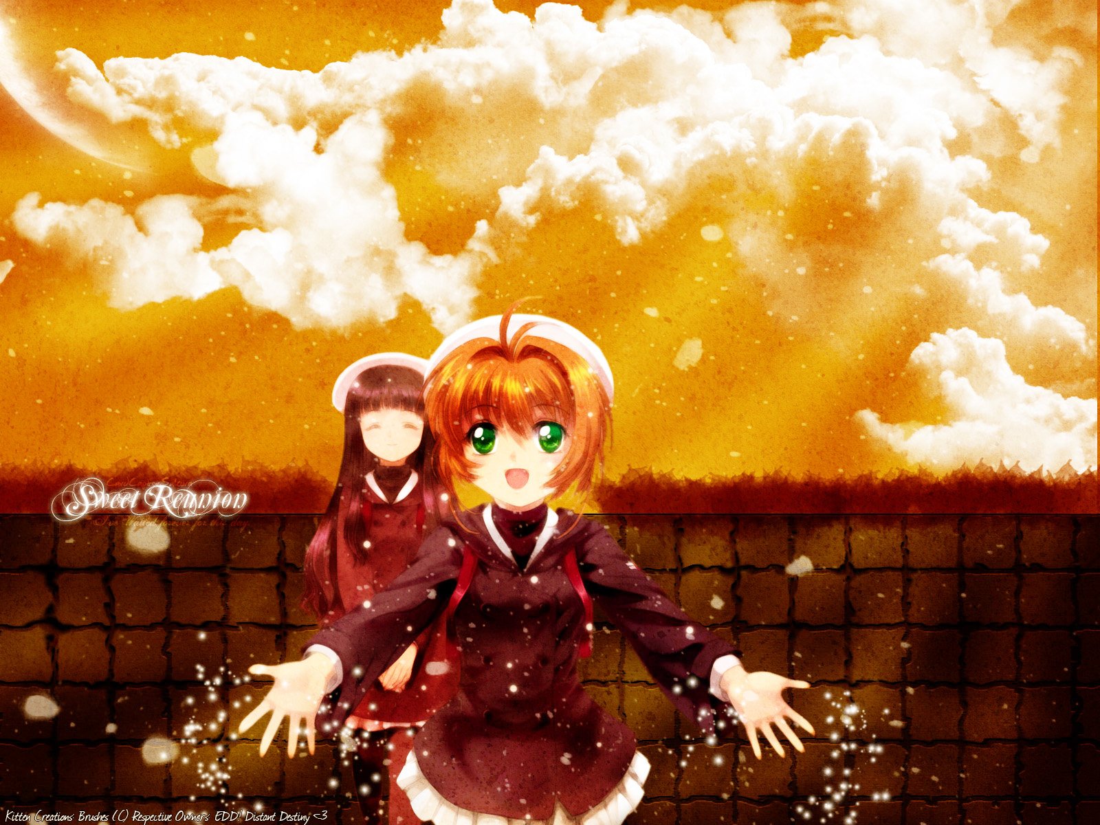 HD PC desktop wallpaper featuring vibrant anime art from Cardcaptor Sakura with a bright orange sky and two characters in school uniforms beneath glowing clouds.