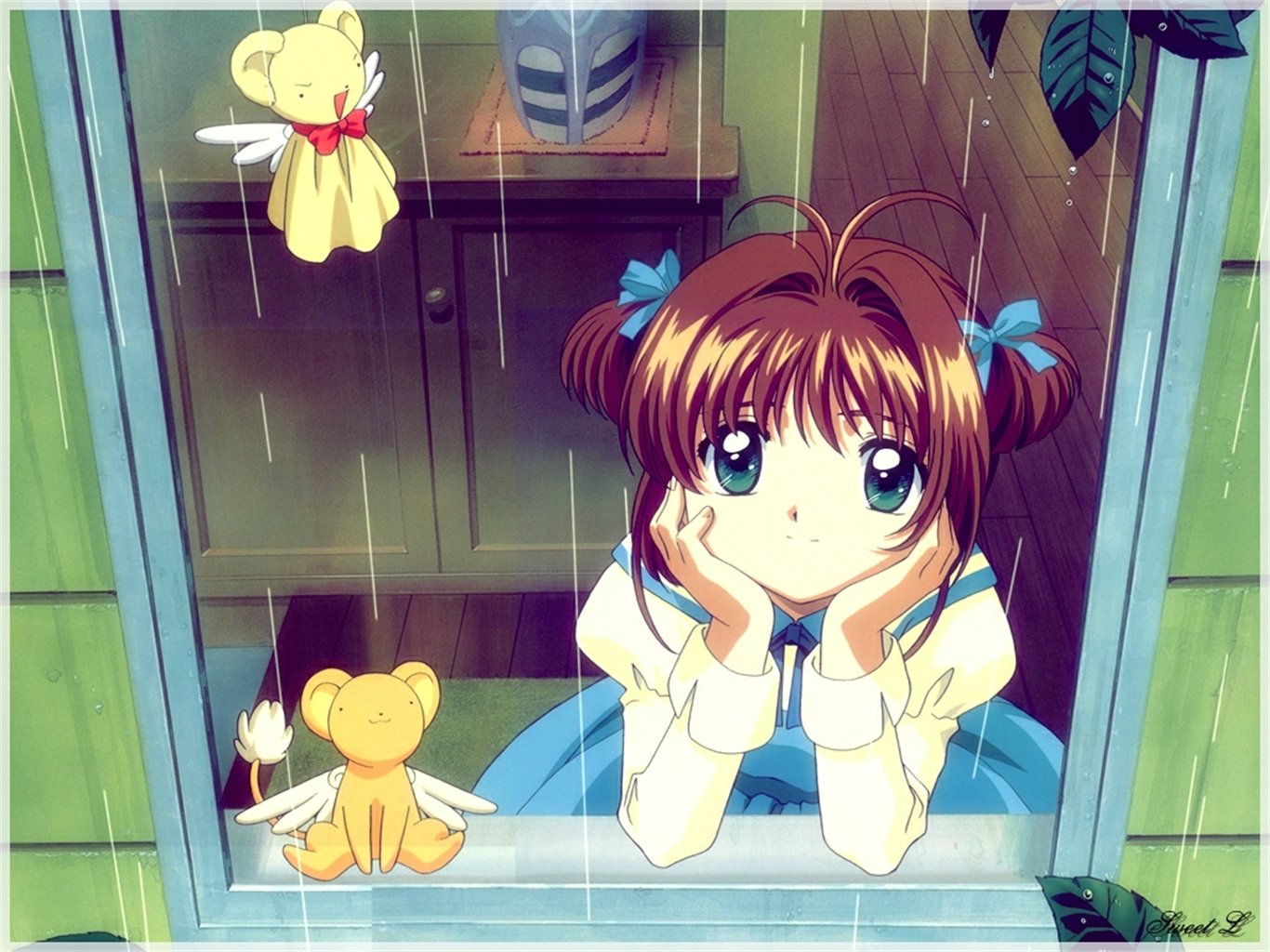 Anime HD PC desktop wallpaper featuring Cardcaptor Sakura gazing thoughtfully out a window, with her companion Kero-chan beside her in a rainy scene.