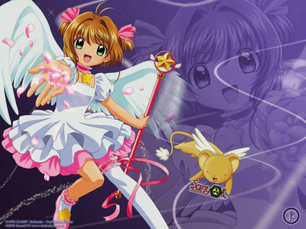 HD PC desktop wallpaper featuring anime character Cardcaptor Sakura in a magical outfit with wings, holding a staff, alongside a small winged creature.