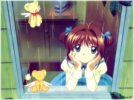 Anime HD PC desktop wallpaper featuring Cardcaptor Sakura gazing thoughtfully out a window, with her companion Kero-chan beside her in a rainy scene.
