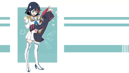 HD anime desktop wallpaper showing Ryūko Matoi with Senketsu (Kill la Kill), a full-body stylized portrait in a white outfit against a teal geometric background with horizontal stripe accents.
