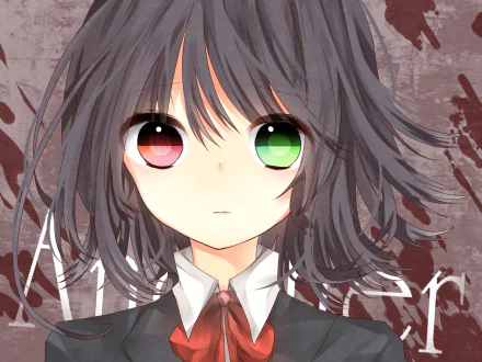 HD anime desktop wallpaper featuring Mei Misaki from Another, showcasing her distinctive heterochromatic eyes and dark hair against a textured background.