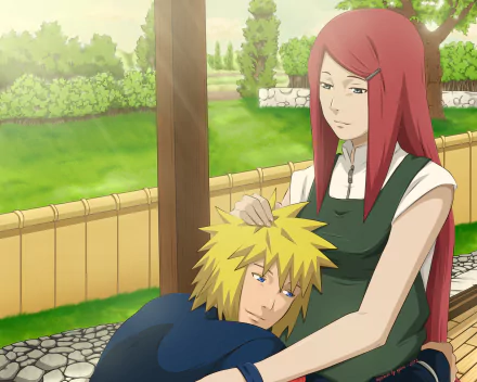 HD wallpaper featuring Minato Namikaze resting his head on Kushina Uzumaki's lap. The background shows a serene garden setting from the anime Naruto.